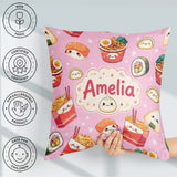 Custom Name Cute Sushi Ramen Dumpling Food Blush Pink Background Square Filled Cushion Throw Pillow Sofa Bed Home Decor Zip Washable UK Made