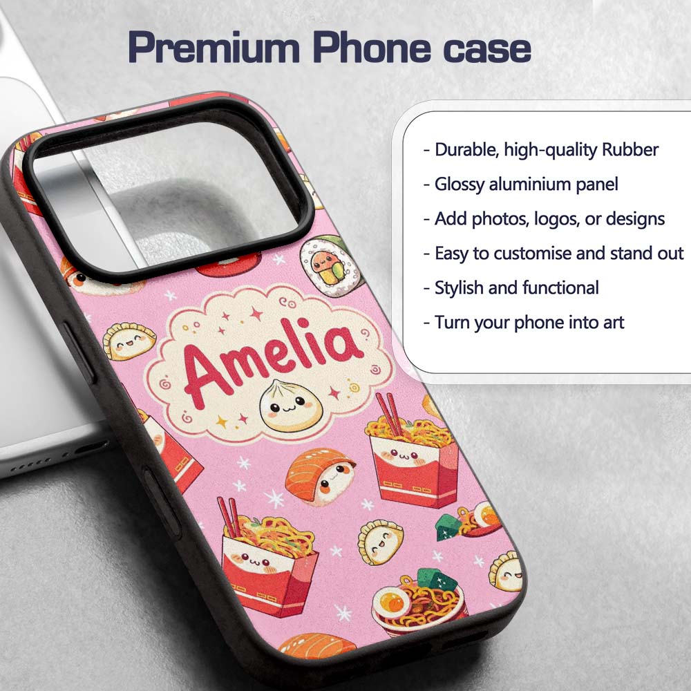 Cute Kawaii Sushi Ramen Dumpling Food Blush Pink Custom Name Protective Phone Case Mobile Cover Durable Everyday Smartphone Shock Resistant
