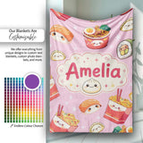 Cute Kawaii Sushi Ramen Dumpling Food Blush Pink Background  Personalised Custom Name Super Soft Fleece Blanket Bed Sofa Throw