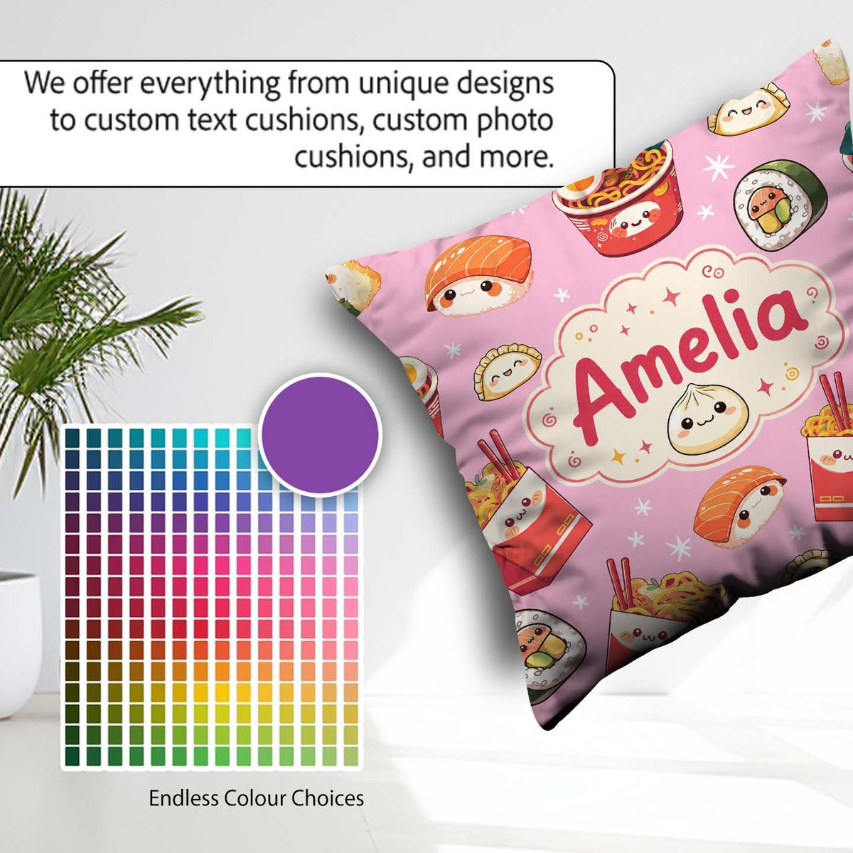 Custom Name Cute Sushi Ramen Dumpling Food Blush Pink Background Square Filled Cushion Throw Pillow Sofa Bed Home Decor Zip Washable UK Made