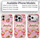 Cute Kawaii Sushi Ramen Dumpling Food Blush Pink Custom Name Protective Phone Case Mobile Cover Durable Everyday Smartphone Shock Resistant