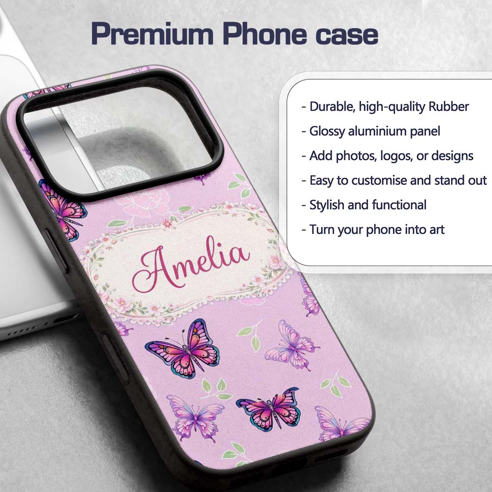 Pink Purple Butterfly Floral Lavender Background Custom Name Protective Phone Case Mobile Cover Durable Everyday Smartphone Shock Resistant