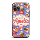 Cute Kawaii Sushi Ramen Dumpling Food Purple Custom Name Protective Phone Case Mobile Cover Durable Everyday Smartphone Shock Resistant