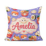 Custom Name Kawaii Sushi Ramen Dumpling Food Background Seamless Square Filled Cushion Throw Pillow Sofa Bed Home Decor Zip Washable UK Made