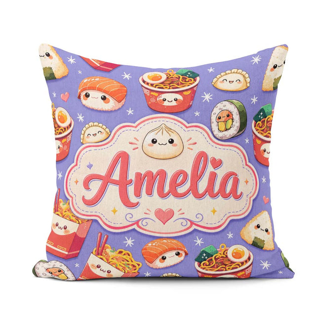 Custom Name Kawaii Sushi Ramen Dumpling Food Background Seamless Square Filled Cushion Throw Pillow Sofa Bed Home Decor Zip Washable UK Made