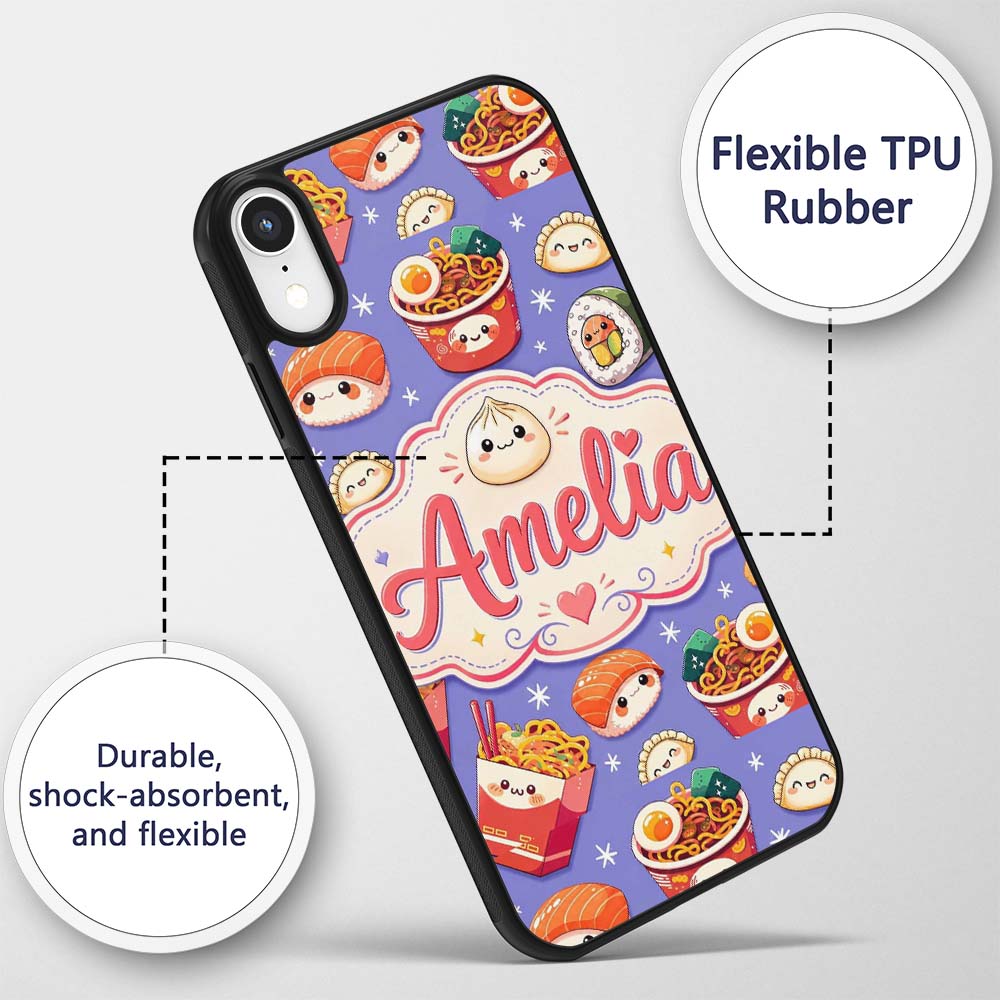 Cute Kawaii Sushi Ramen Dumpling Food Purple Custom Name Protective Phone Case Mobile Cover Durable Everyday Smartphone Shock Resistant