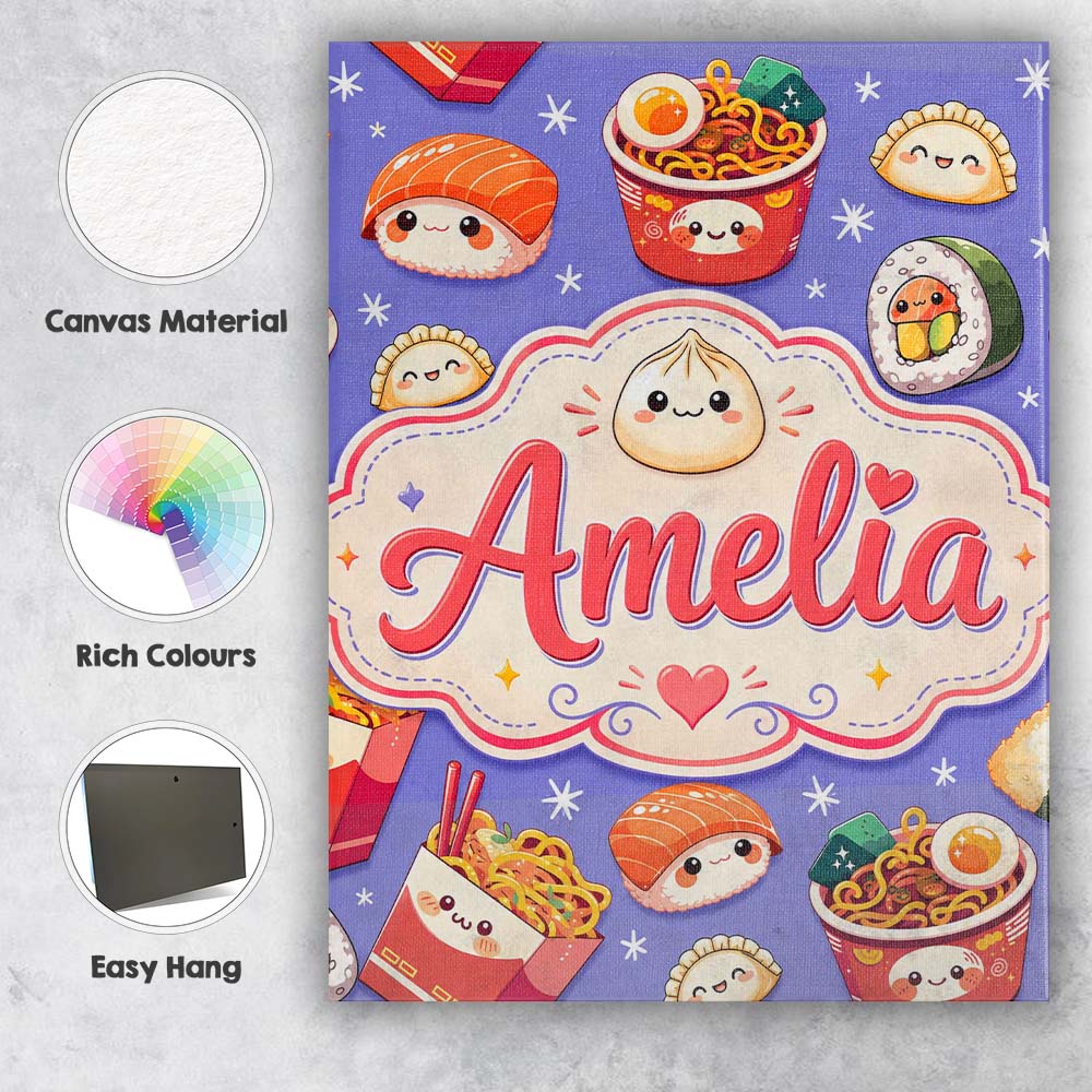 Personalised Name Cute Kawaii Sushi Ramen Custom  Unique Gift Idea Elegant Feature Canvas Wall Art Print Decor Picture Ready to Hang
