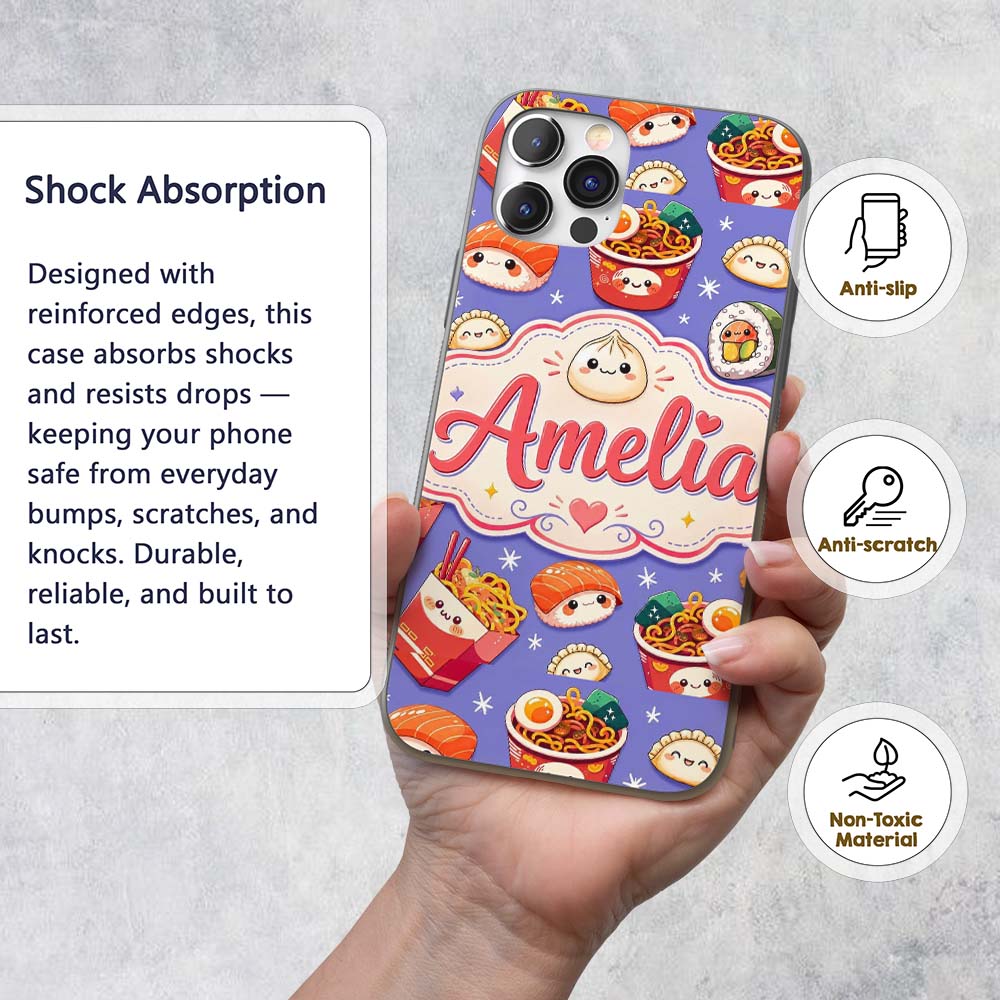 Cute Kawaii Sushi Ramen Dumpling Food Purple Custom Name Protective Phone Case Mobile Cover Durable Everyday Smartphone Shock Resistant