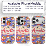 Cute Kawaii Sushi Ramen Dumpling Food Purple Custom Name Protective Phone Case Mobile Cover Durable Everyday Smartphone Shock Resistant