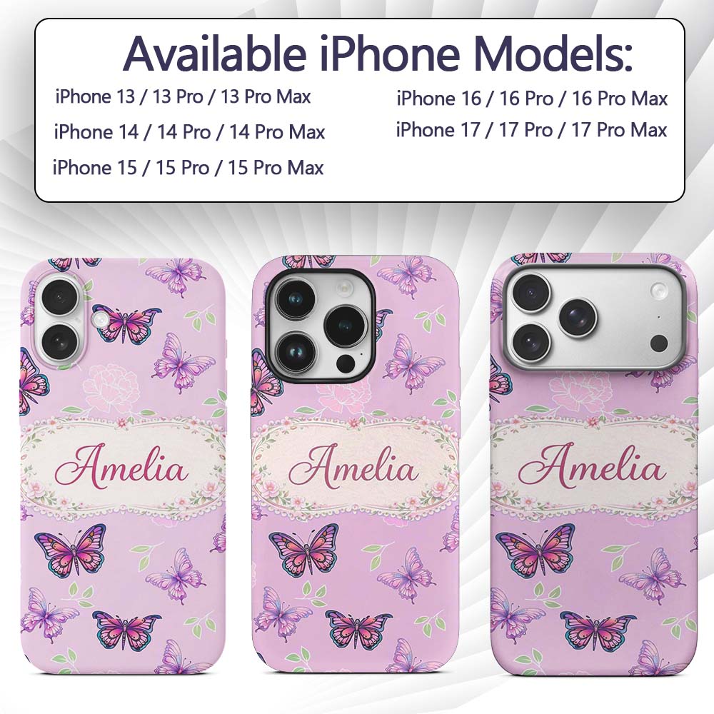 Pink Purple Butterfly Floral Lavender Background Custom Name Protective Phone Case Mobile Cover Durable Everyday Smartphone Shock Resistant