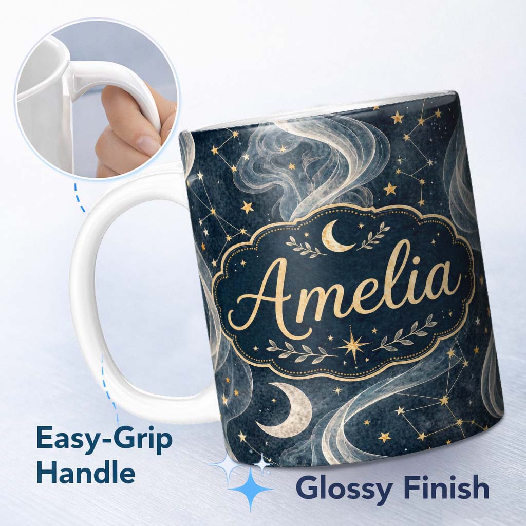Personalized Custom Name Mushrooms Night Sky Magical Forest Seamless Pattern Cute Unique Gift 11oz Ceramic Coffee Tea Mug White Large Handle