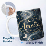 Personalized Custom Name Mushrooms Night Sky Magical Forest Seamless Pattern Cute Unique Gift 11oz Ceramic Coffee Tea Mug White Large Handle