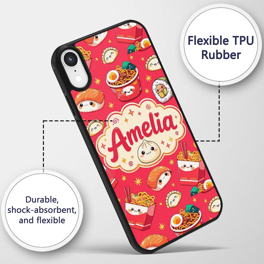 Cute Kawaii Sushi Ramen Dumpling Printed Design Custom Name Protective Phone Case Mobile Cover Durable Everyday Smartphone Shock Resistant