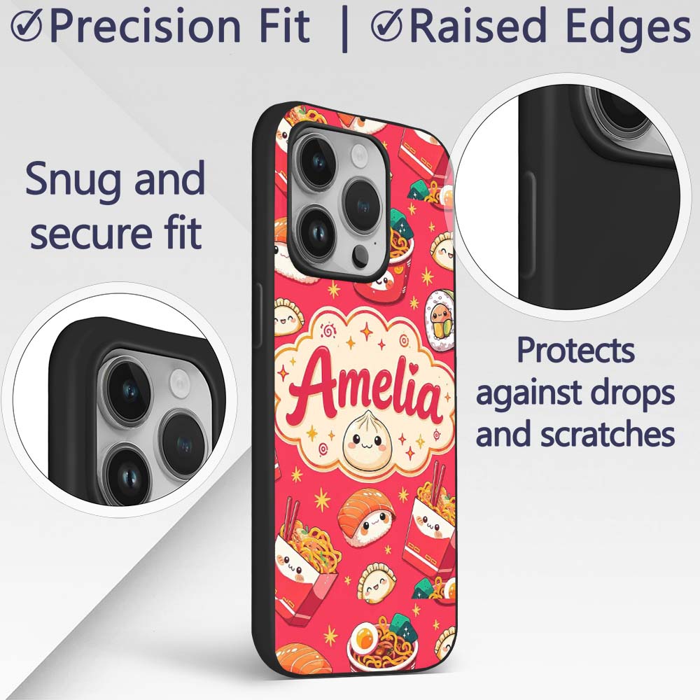 Cute Kawaii Sushi Ramen Dumpling Printed Design Custom Name Protective Phone Case Mobile Cover Durable Everyday Smartphone Shock Resistant