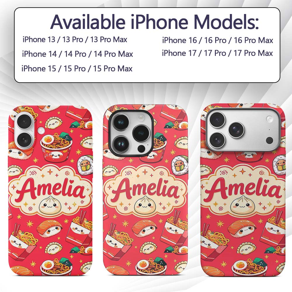 Cute Kawaii Sushi Ramen Dumpling Printed Design Custom Name Protective Phone Case Mobile Cover Durable Everyday Smartphone Shock Resistant