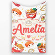 Cute Kawaii Sushi Ramen Dumpling Food White Background Seamless  Personalised Custom Name Super Soft Fleece Blanket Bed Sofa Throw