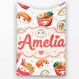 Cute Kawaii Sushi Ramen Dumpling Food White Background Seamless  Personalised Custom Name Super Soft Fleece Blanket Bed Sofa Throw