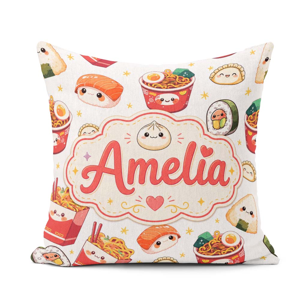 Custom Name Cute Kawaii Sushi Ramen Dumpling Food White Seamless Square Filled Cushion Throw Pillow Sofa Bed Home Decor Zip Washable UK Made