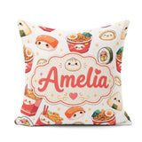 Custom Name Cute Kawaii Sushi Ramen Dumpling Food White Seamless Square Filled Cushion Throw Pillow Sofa Bed Home Decor Zip Washable UK Made