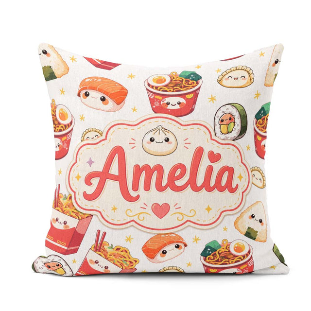 Custom Name Cute Kawaii Sushi Ramen Dumpling Food White Seamless Square Filled Cushion Throw Pillow Sofa Bed Home Decor Zip Washable UK Made