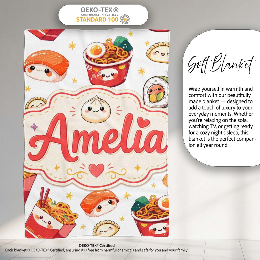 Cute Kawaii Sushi Ramen Dumpling Food White Background Seamless  Personalised Custom Name Super Soft Fleece Blanket Bed Sofa Throw