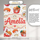 Cute Kawaii Sushi Ramen Dumpling Food White Background Seamless  Personalised Custom Name Super Soft Fleece Blanket Bed Sofa Throw