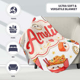 Cute Kawaii Sushi Ramen Dumpling Food White Background Seamless  Personalised Custom Name Super Soft Fleece Blanket Bed Sofa Throw