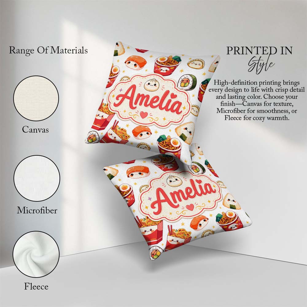 Custom Name Cute Kawaii Sushi Ramen Dumpling Food White Seamless Square Filled Cushion Throw Pillow Sofa Bed Home Decor Zip Washable UK Made