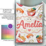 Cute Kawaii Sushi Ramen Dumpling Food White Background Seamless  Personalised Custom Name Super Soft Fleece Blanket Bed Sofa Throw