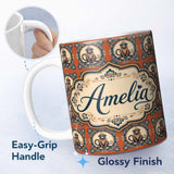 Personalized Custom Name Ornate Victorian Style Monkey Illustration in Decorative Blue Frame 11oz Ceramic Coffee Tea Mug White Large Handle
