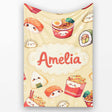 Cute Kawaii Sushi Ramen Dumpling Food Yellow Background Seamless  Personalised Custom Name Super Soft Fleece Blanket Bed Sofa Throw