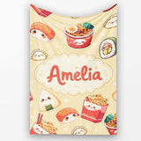 Cute Kawaii Sushi Ramen Dumpling Food Yellow Background Seamless  Personalised Custom Name Super Soft Fleece Blanket Bed Sofa Throw