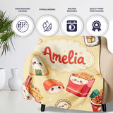 Cute Kawaii Sushi Ramen Dumpling Food Yellow Background Seamless  Personalised Custom Name Super Soft Fleece Blanket Bed Sofa Throw