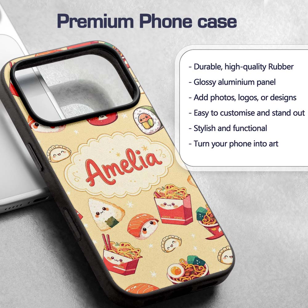 Cute Kawaii Sushi Ramen Dumpling Food Yellow Custom Name Protective Phone Case Mobile Cover Durable Everyday Smartphone Shock Resistant