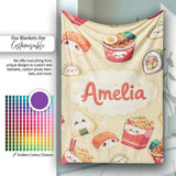 Cute Kawaii Sushi Ramen Dumpling Food Yellow Background Seamless  Personalised Custom Name Super Soft Fleece Blanket Bed Sofa Throw