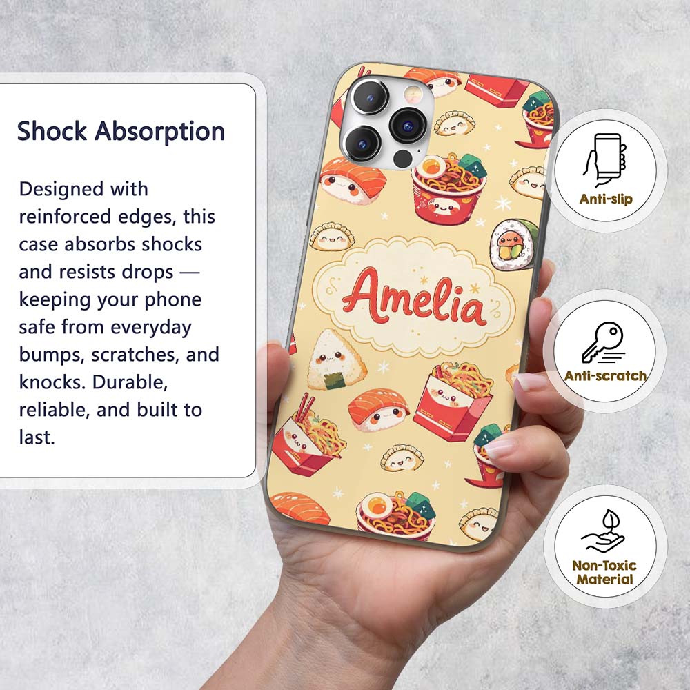 Cute Kawaii Sushi Ramen Dumpling Food Yellow Custom Name Protective Phone Case Mobile Cover Durable Everyday Smartphone Shock Resistant