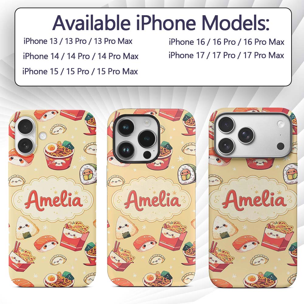 Cute Kawaii Sushi Ramen Dumpling Food Yellow Custom Name Protective Phone Case Mobile Cover Durable Everyday Smartphone Shock Resistant