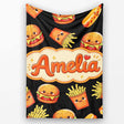 Cute Kawaii Burger Fries Hotdog Fast Food Black Background Seamless  Personalised Custom Name Super Soft Fleece Blanket Bed Sofa Throw