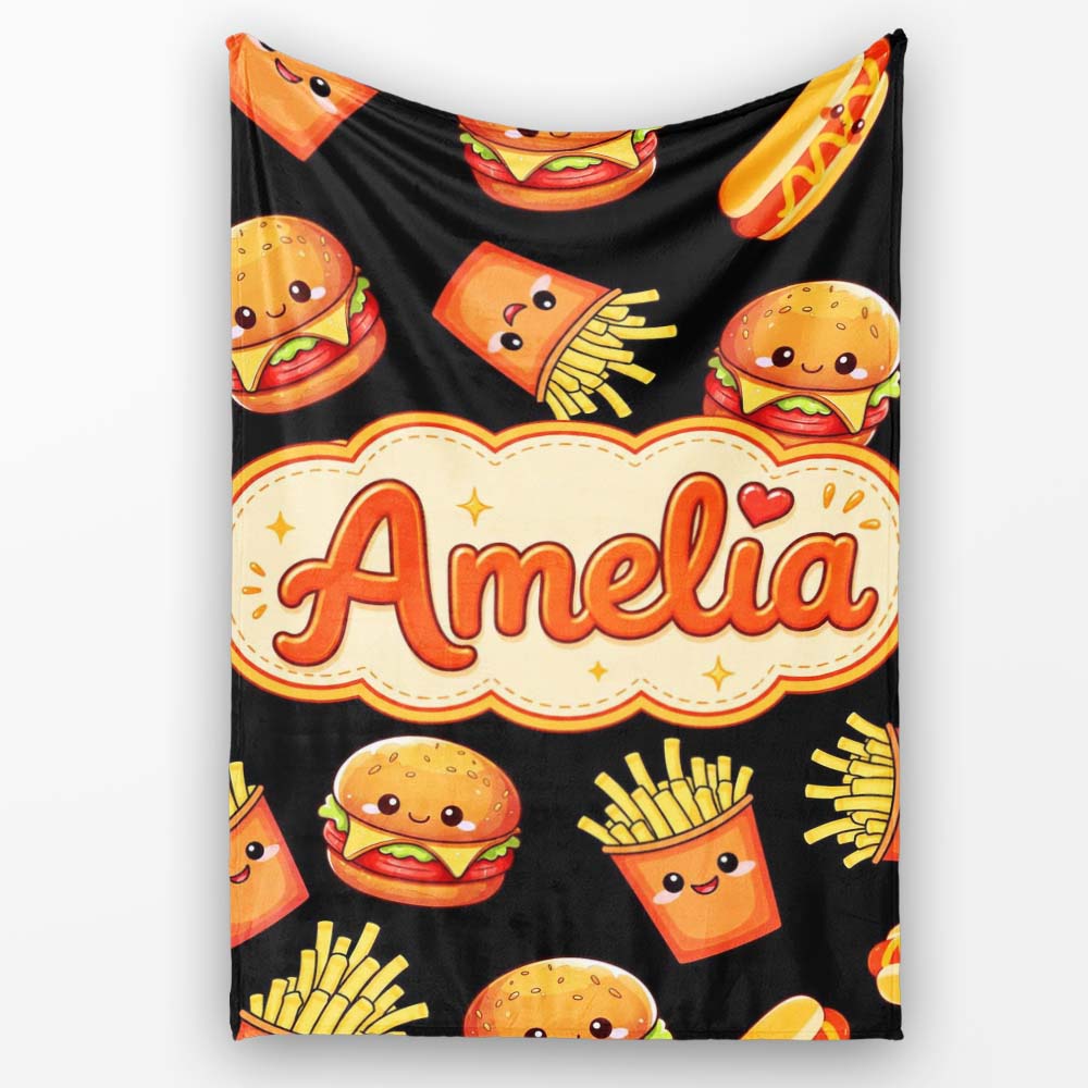 Cute Kawaii Burger Fries Hotdog Fast Food Black Background Seamless  Personalised Custom Name Super Soft Fleece Blanket Bed Sofa Throw