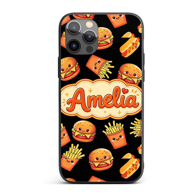 Cute Kawaii Burger Fries Hotdog Fast Food Black Custom Name Protective Phone Case Mobile Cover Durable Everyday Smartphone Shock Resistant