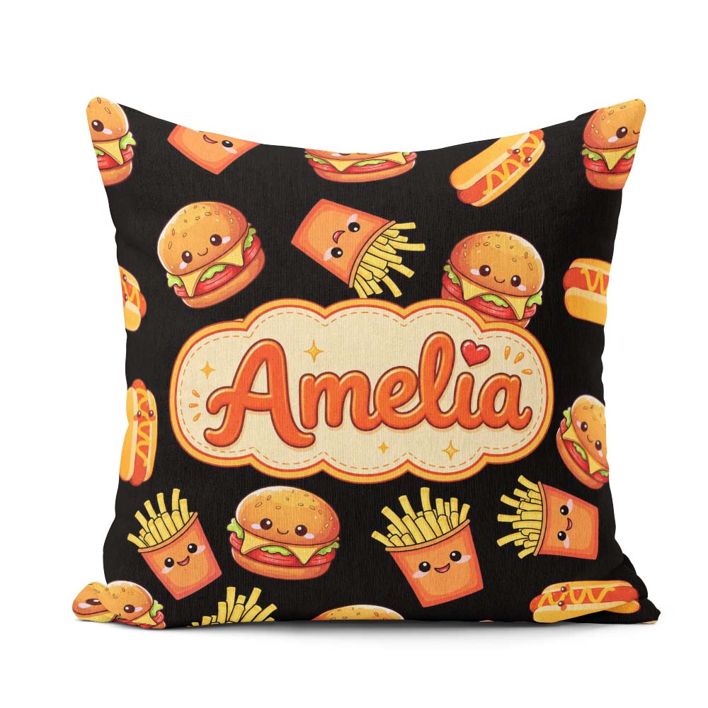 Custom Name Kawaii Burger Fries Hotdog Fast Food Black Seamless Square Filled Cushion Throw Pillow Sofa Bed Home Decor Zip Washable UK Made
