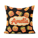 Custom Name Kawaii Burger Fries Hotdog Fast Food Black Seamless Square Filled Cushion Throw Pillow Sofa Bed Home Decor Zip Washable UK Made