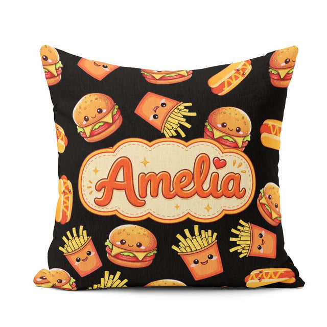 Custom Name Kawaii Burger Fries Hotdog Fast Food Black Seamless Square Filled Cushion Throw Pillow Sofa Bed Home Decor Zip Washable UK Made
