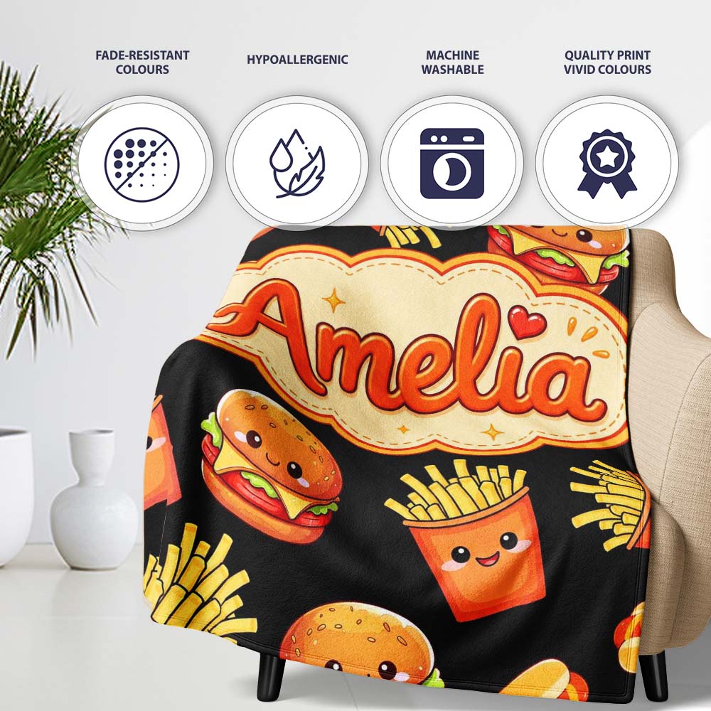 Cute Kawaii Burger Fries Hotdog Fast Food Black Background Seamless  Personalised Custom Name Super Soft Fleece Blanket Bed Sofa Throw