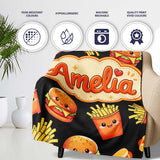 Cute Kawaii Burger Fries Hotdog Fast Food Black Background Seamless  Personalised Custom Name Super Soft Fleece Blanket Bed Sofa Throw