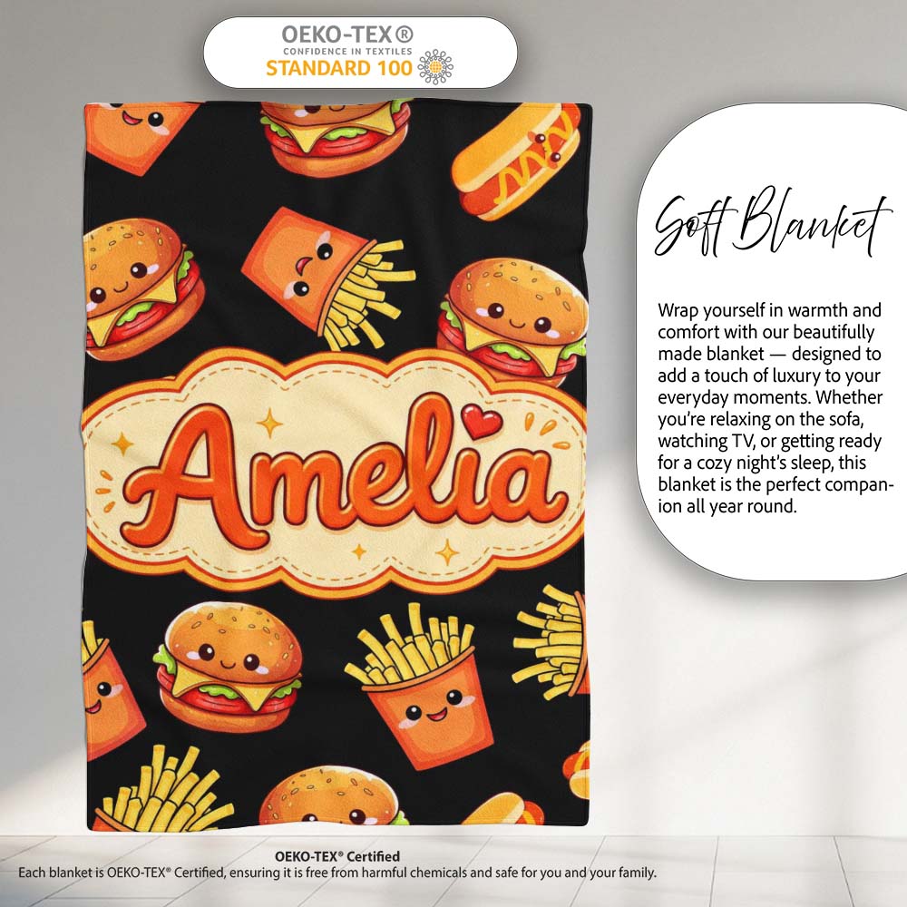 Cute Kawaii Burger Fries Hotdog Fast Food Black Background Seamless  Personalised Custom Name Super Soft Fleece Blanket Bed Sofa Throw