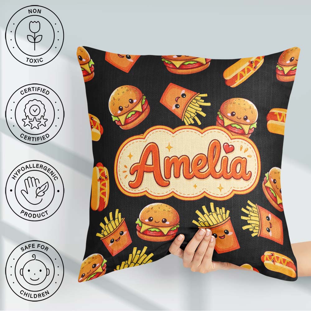 Custom Name Kawaii Burger Fries Hotdog Fast Food Black Seamless Square Filled Cushion Throw Pillow Sofa Bed Home Decor Zip Washable UK Made