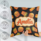 Custom Name Kawaii Burger Fries Hotdog Fast Food Black Seamless Square Filled Cushion Throw Pillow Sofa Bed Home Decor Zip Washable UK Made