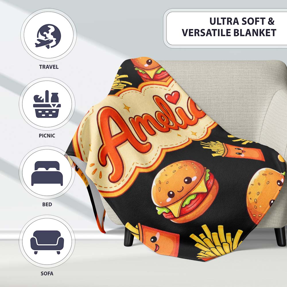 Cute Kawaii Burger Fries Hotdog Fast Food Black Background Seamless  Personalised Custom Name Super Soft Fleece Blanket Bed Sofa Throw