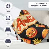 Cute Kawaii Burger Fries Hotdog Fast Food Black Background Seamless  Personalised Custom Name Super Soft Fleece Blanket Bed Sofa Throw